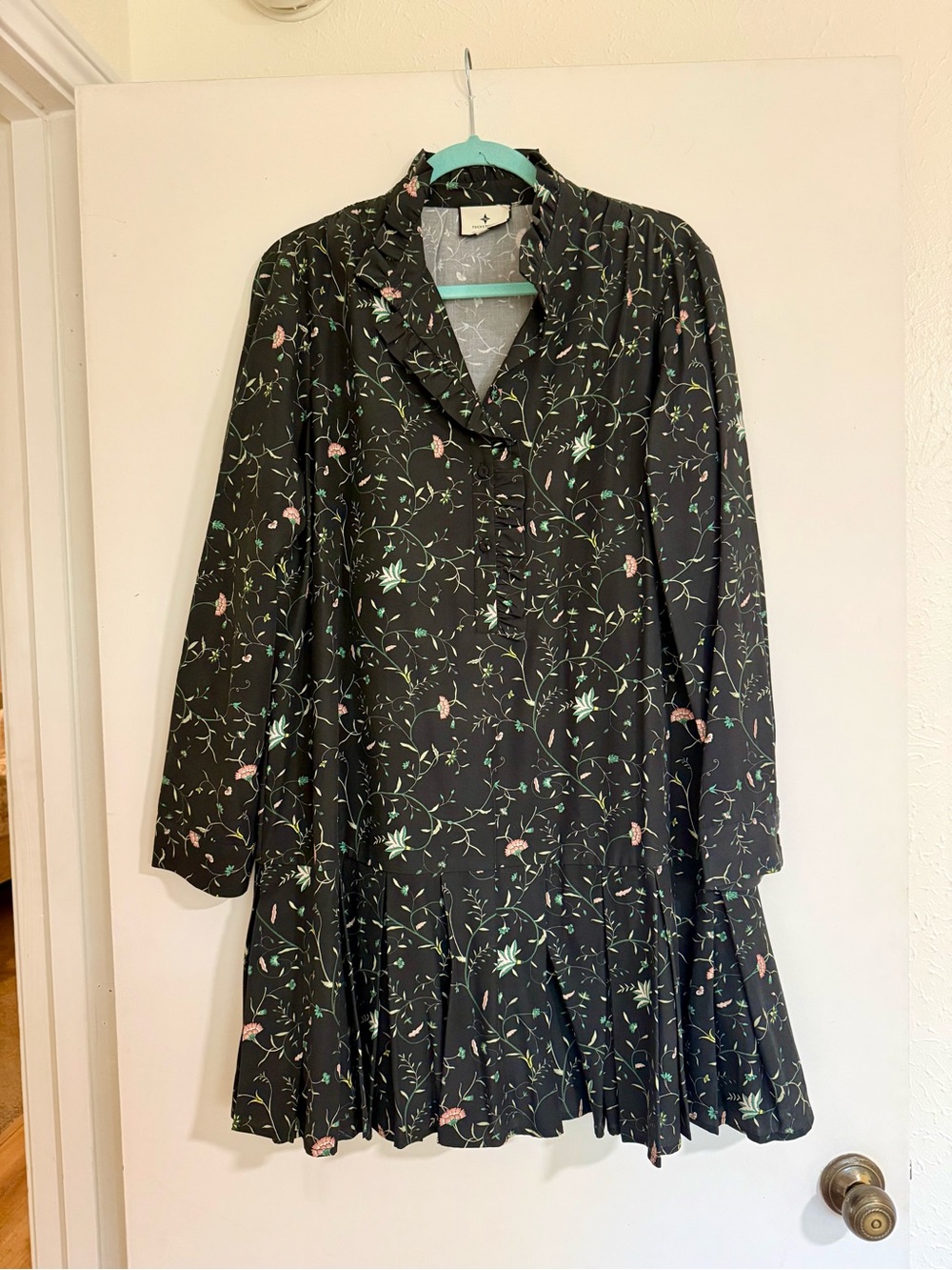 Tuckernuck Black Floral Long-Sleeve Dress with Pleated Skirt